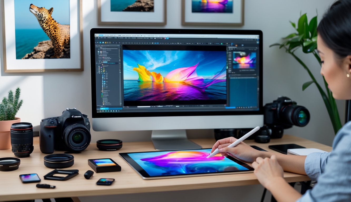 Sebuah ruang kerja dengan komputer dan alat fotografi yang digunakan untuk mengedit foto agar hasilnya lebih menarik dan bagus.
