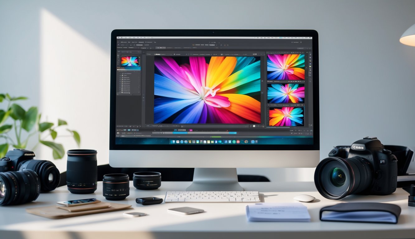 Meja kerja dengan komputer yang menampilkan perangkat lunak pengeditan foto dan perlengkapan fotografi di sekitarnya.