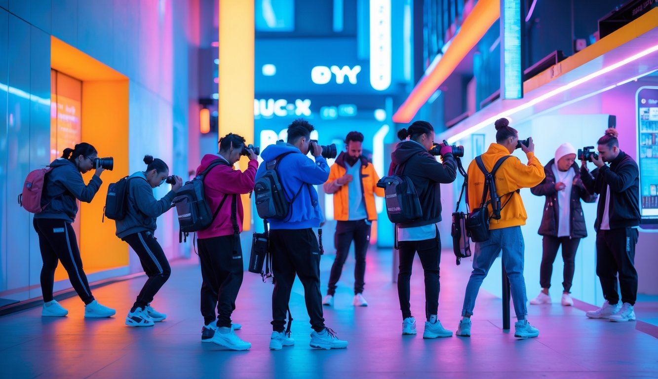 Sekelompok fotografer muda sedang memotret di lingkungan perkotaan modern dengan arsitektur dan pencahayaan yang menarik.