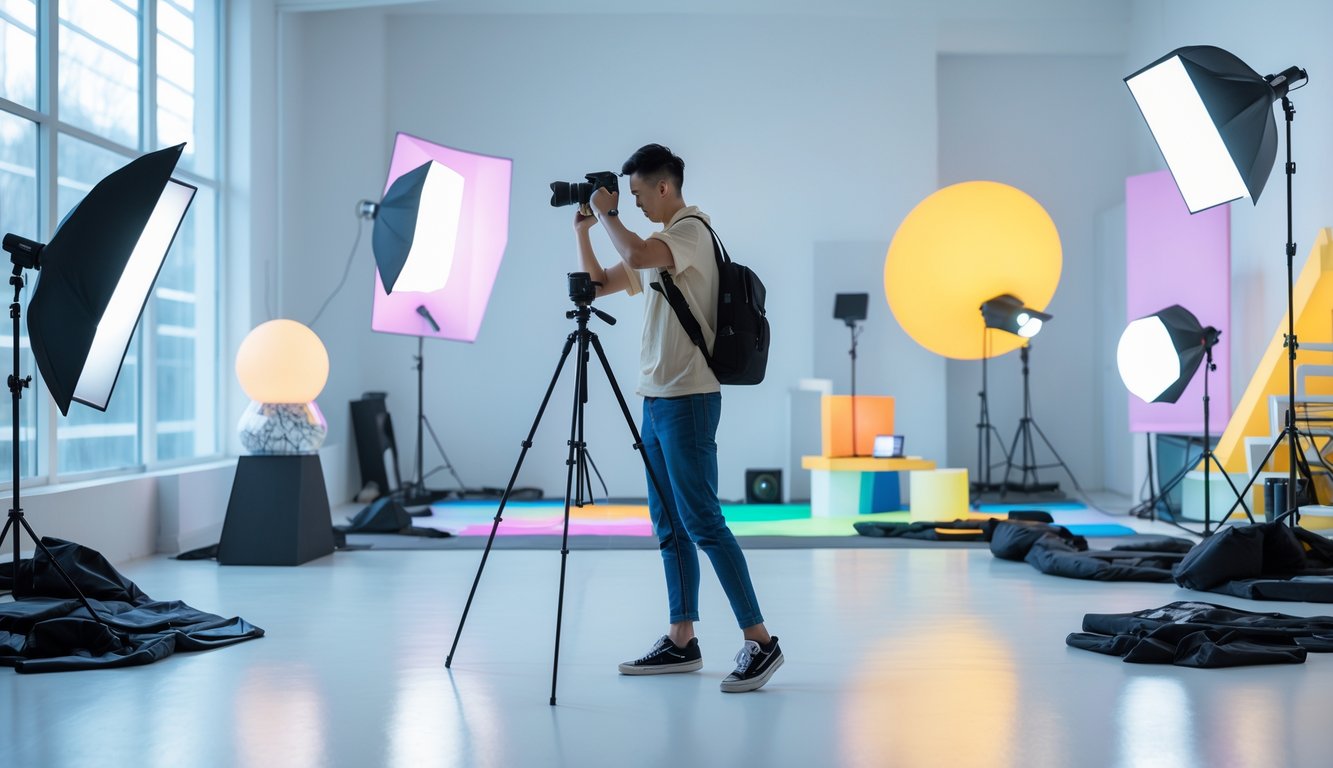 Seorang fotografer muda sedang mengatur kamera di studio dengan peralatan fotografi modern dan pencahayaan alami.