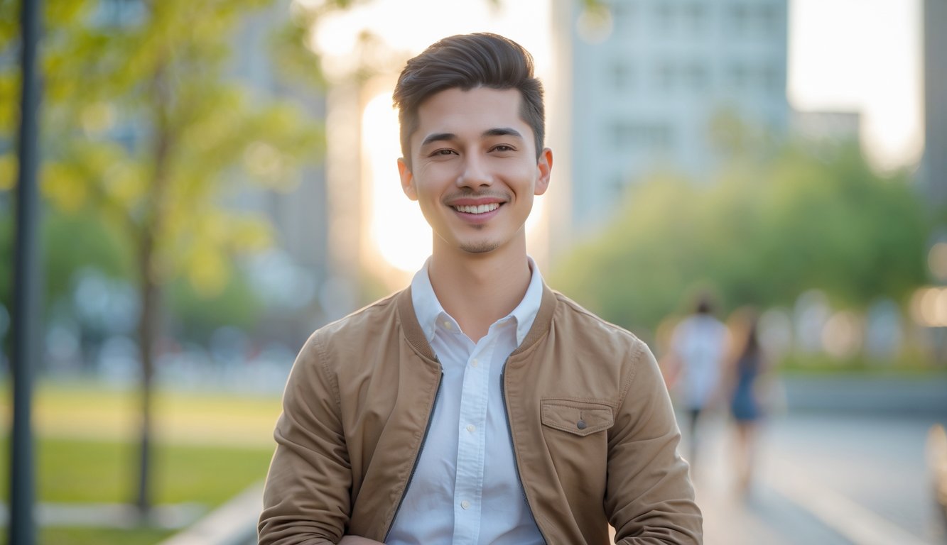 Seseorang muda yang percaya diri tersenyum dan berdiri di taman perkotaan dengan latar belakang hijau dan cahaya alami.