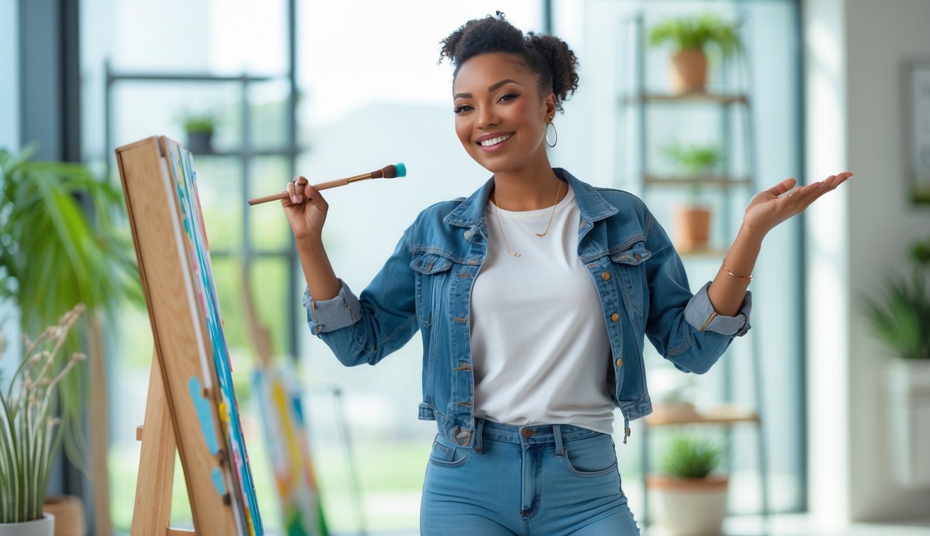 Seorang dewasa muda tersenyum percaya diri sambil mengekspresikan diri dengan aktivitas kreatif di ruangan terang.