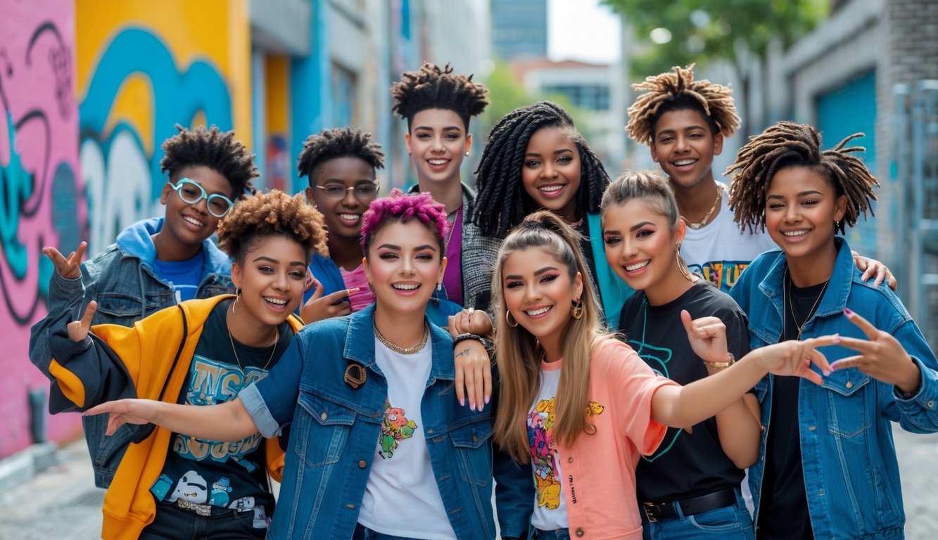 Sekelompok remaja dengan gaya unik dan ekspresi diri yang berbeda sedang berkumpul di luar ruangan dengan latar belakang seni jalanan berwarna-warni.