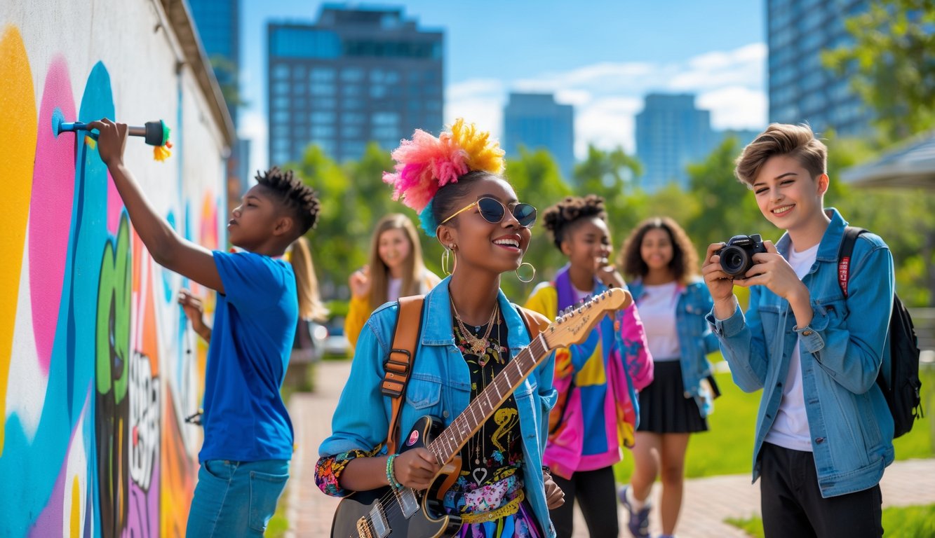 Sekelompok remaja dengan gaya unik sedang mengekspresikan diri di taman kota dengan kegiatan seni, musik, dan fotografi.