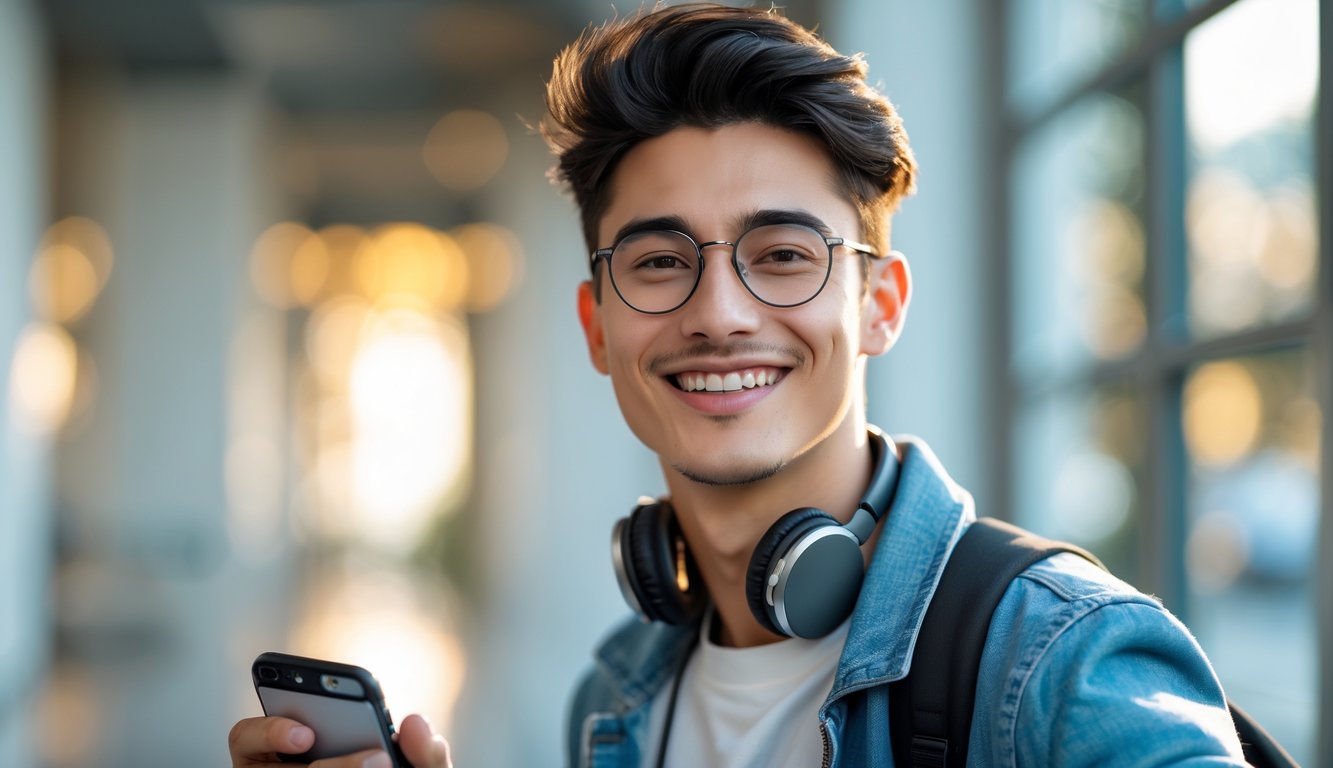 Seorang pria muda tersenyum percaya diri dengan pakaian kasual modern di latar perkotaan yang samar.