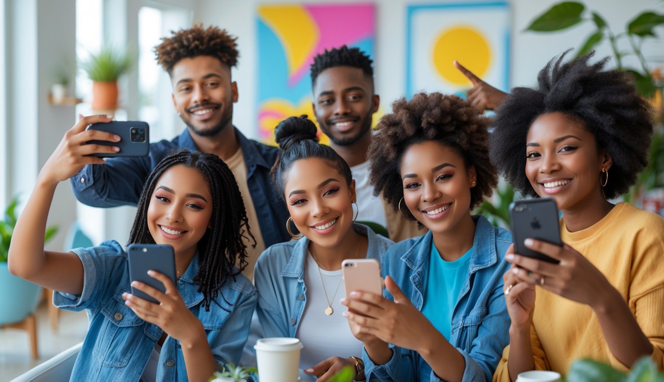 Sekelompok orang muda sedang menggunakan ponsel dan tersenyum di ruangan yang cerah dan modern.