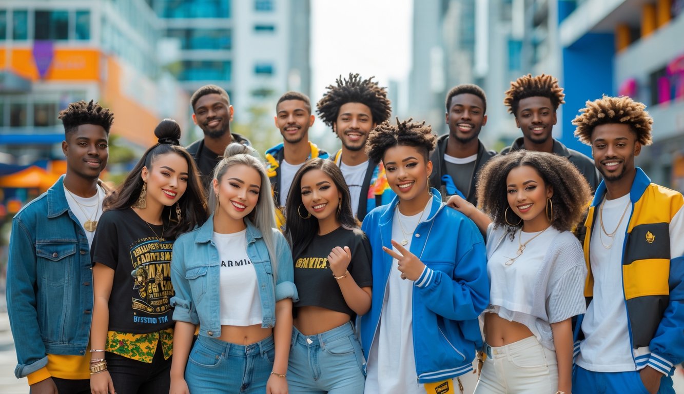 Sekelompok orang muda dengan gaya pakaian trendi sedang berpose bersama di lingkungan kota yang modern.