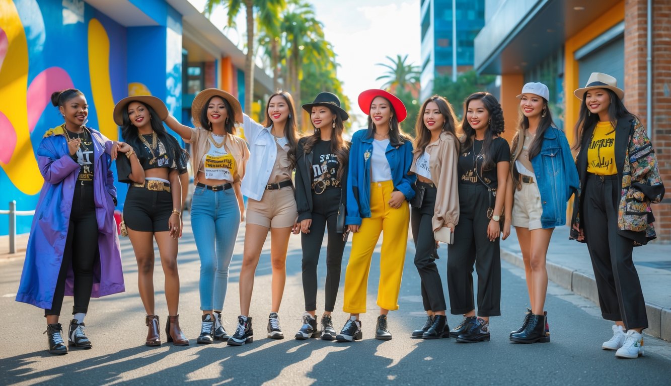 Sekelompok orang muda dengan pakaian unik dan gaya berbeda sedang berada di lingkungan perkotaan yang penuh warna.