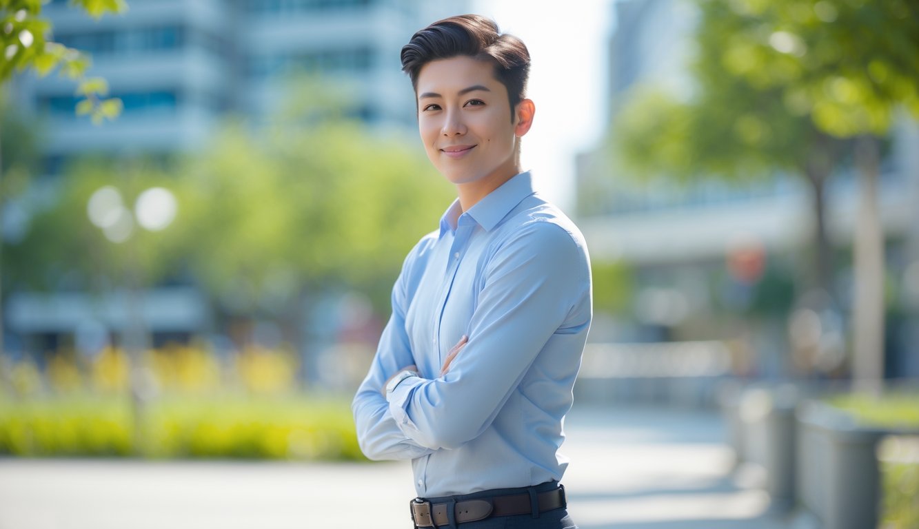 Seorang dewasa muda yang percaya diri berdiri di taman kota dengan latar belakang hijau dan bangunan modern.