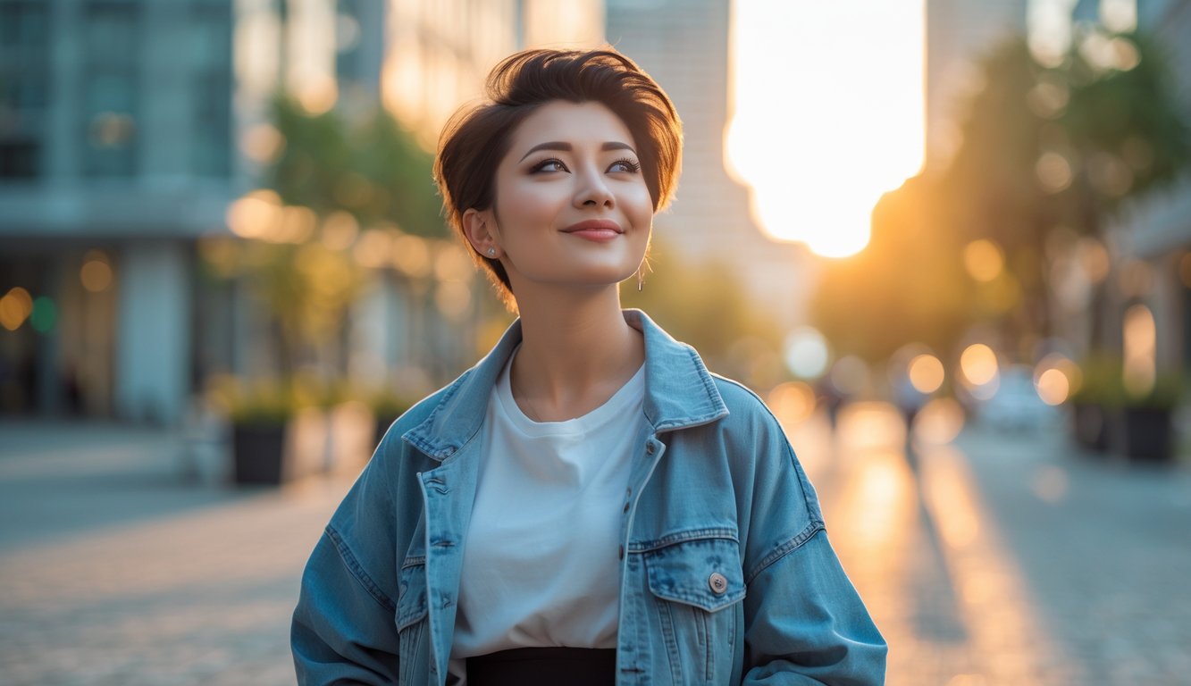 Seorang dewasa muda percaya diri berdiri di luar ruangan dengan latar kota modern saat matahari terbenam.