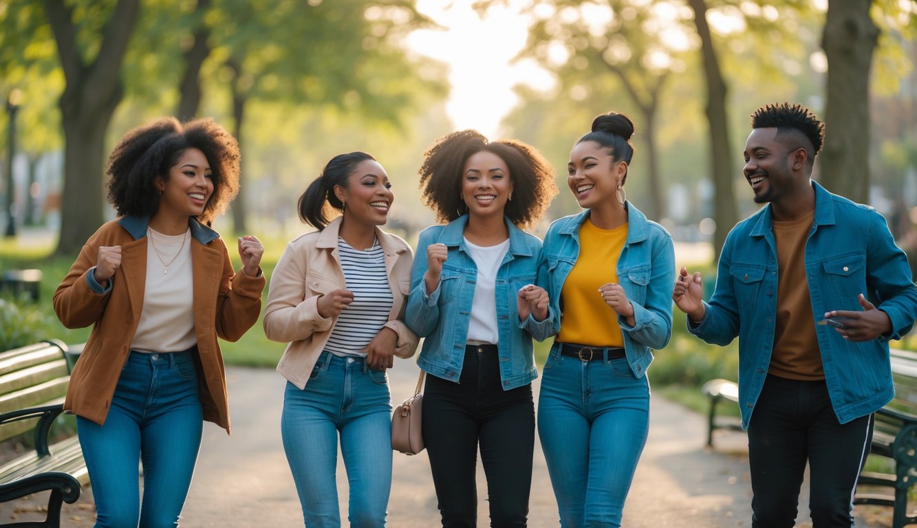 Sekelompok orang muda yang tersenyum dan menikmati waktu bersama di taman kota pada siang hari.
