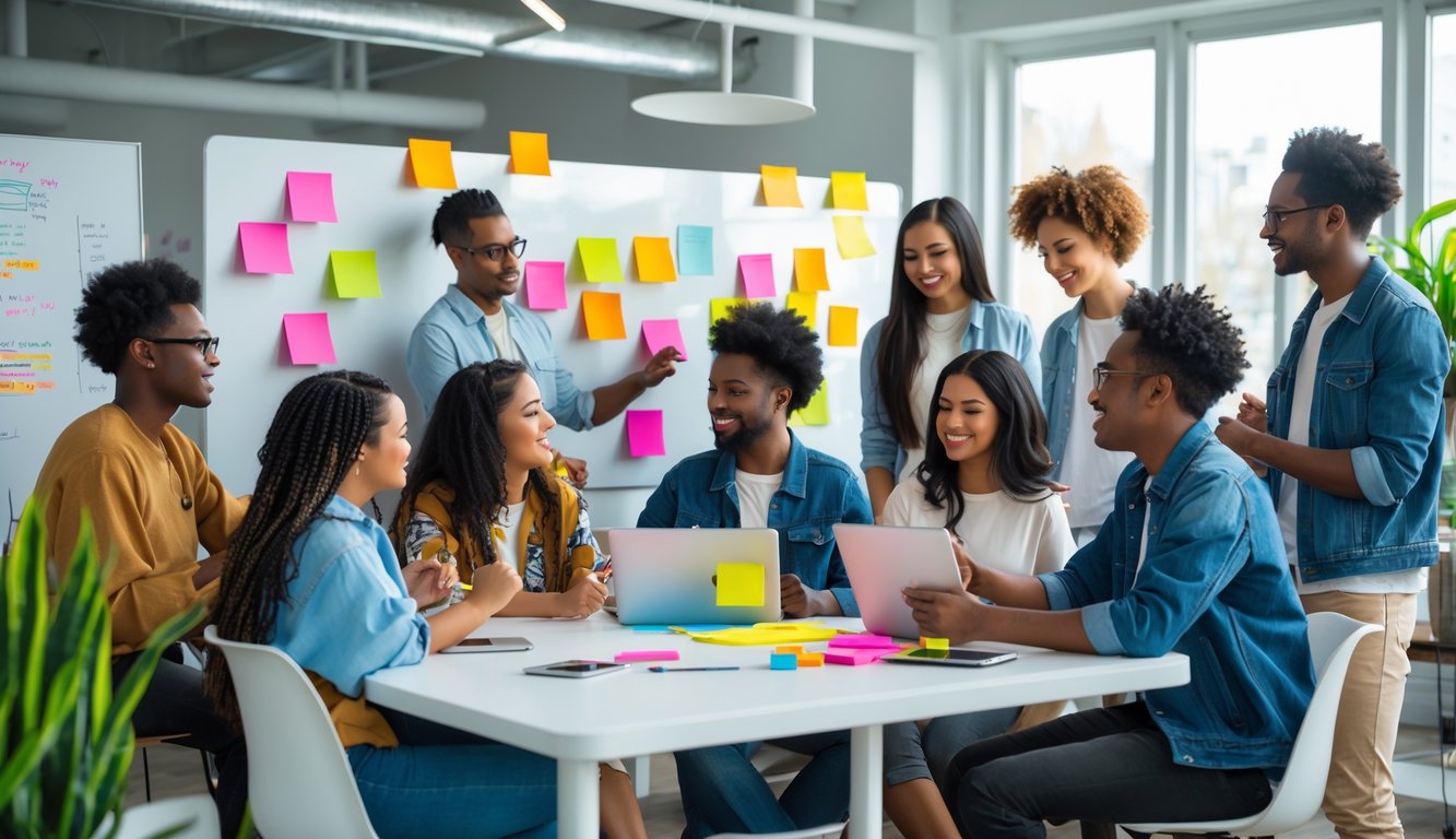 Sekelompok orang muda sedang berdiskusi dan mengekspresikan ide di ruang kerja modern dengan cahaya alami dan tanaman hijau.