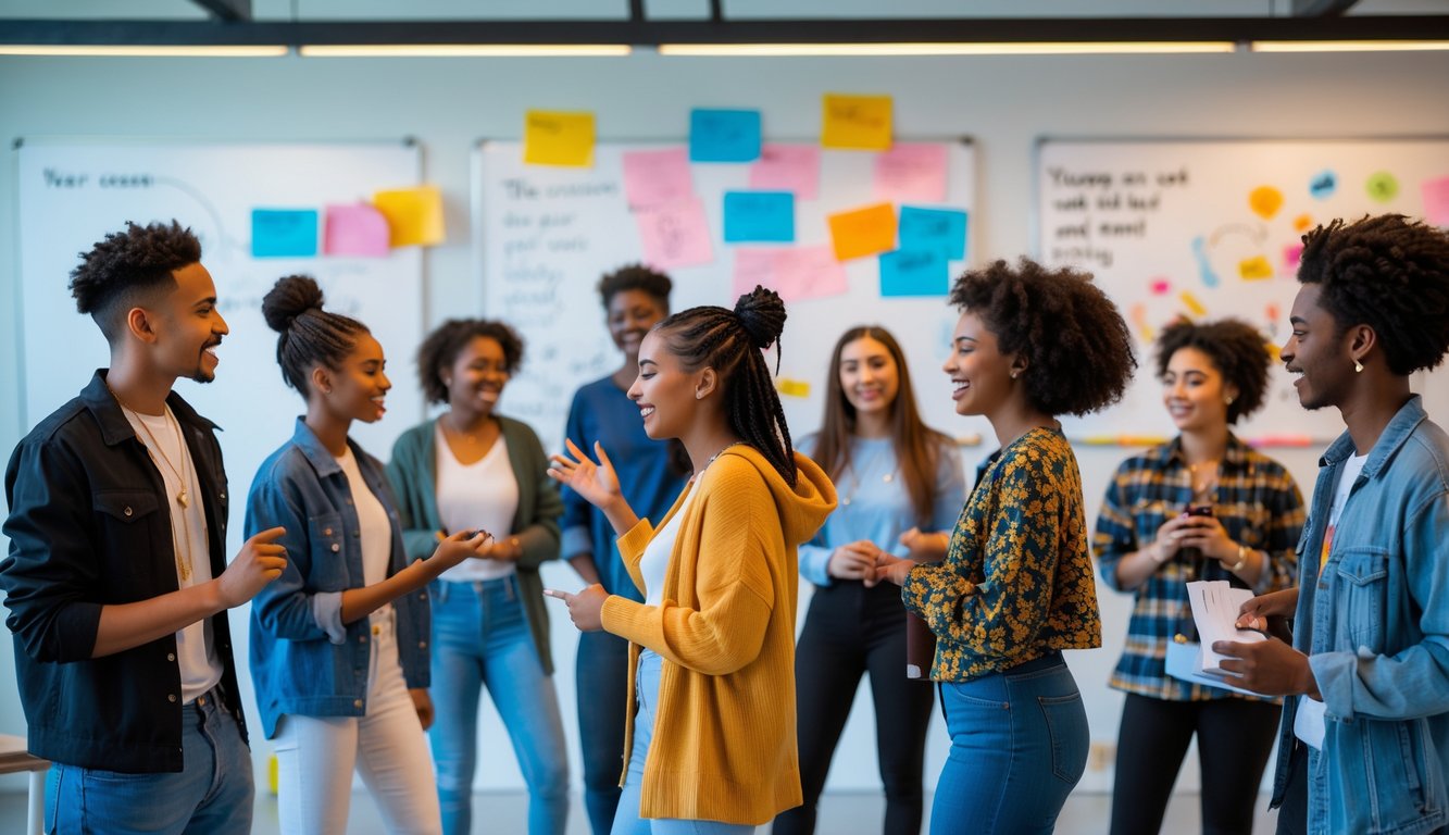Sekelompok orang muda sedang berdiskusi dan mengekspresikan diri dengan percaya diri dalam ruangan terang yang modern.