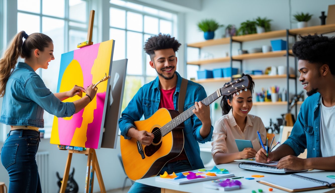 Sekelompok orang muda sedang melukis, bermain gitar, dan menggambar dalam ruang studio yang cerah dan penuh alat seni serta musik.