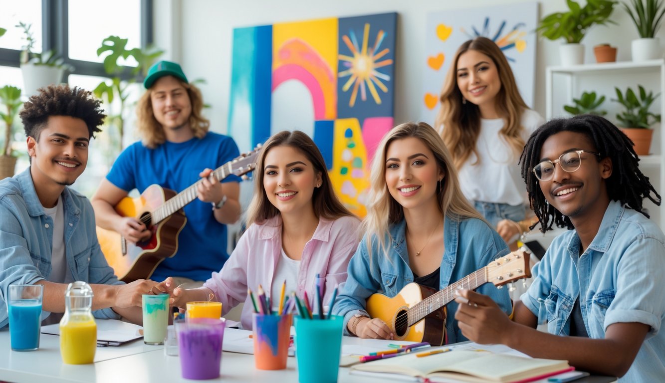 Sekelompok orang muda di ruang kerja terang sedang mengekspresikan diri dengan berbagai cara seperti melukis, bermain gitar, dan menulis.