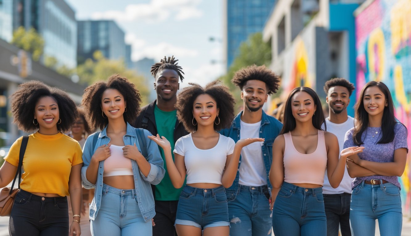 Sekelompok orang muda beragam mengekspresikan diri dengan percaya diri di lingkungan kota yang cerah dan penuh warna.