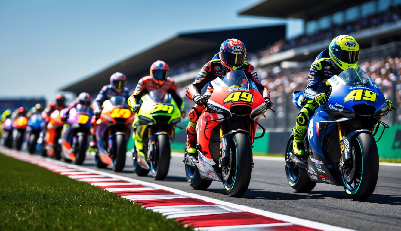 Beberapa pembalap MotoGP dengan motor balap mereka di lintasan balap dengan penonton di latar belakang.