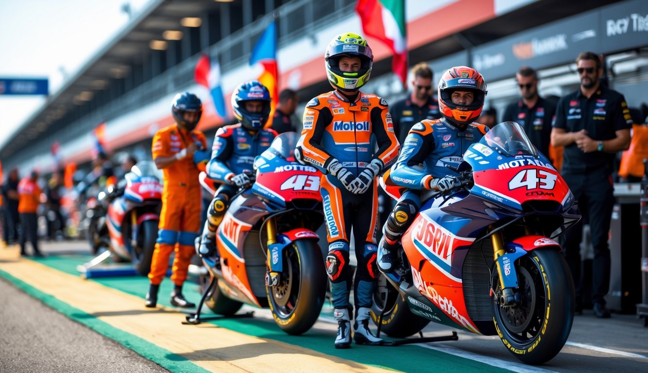 Sekelompok pembalap MotoGP dan timnya sedang bersiap di pit lane dengan sepeda motor balap mereka.