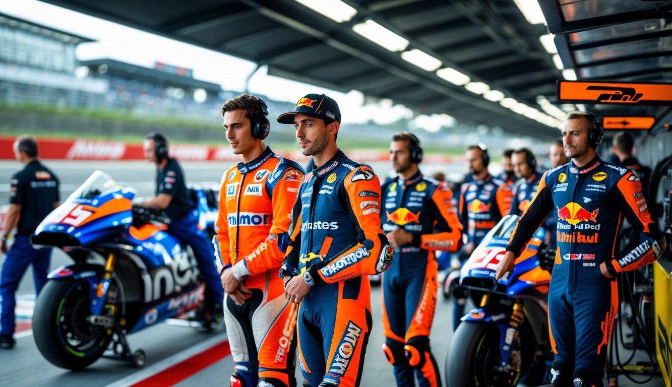 Tim balap MotoGP sedang bersiap dengan motor dan perlengkapan di garasi pit menjelang musim balap baru.