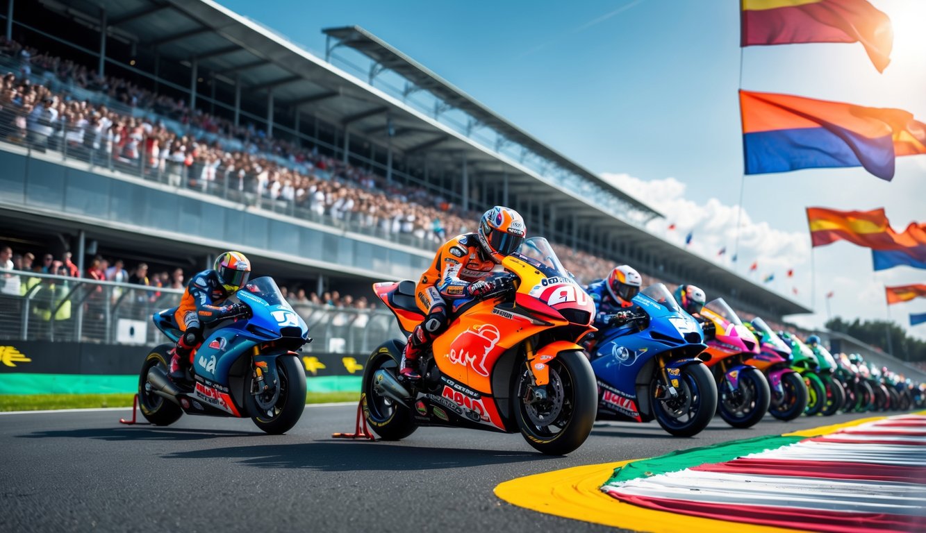 Beberapa pembalap MotoGP dengan motor balap berwarna-warni sedang bersiap di garis start di sirkuit balap dengan penonton di tribun belakang.