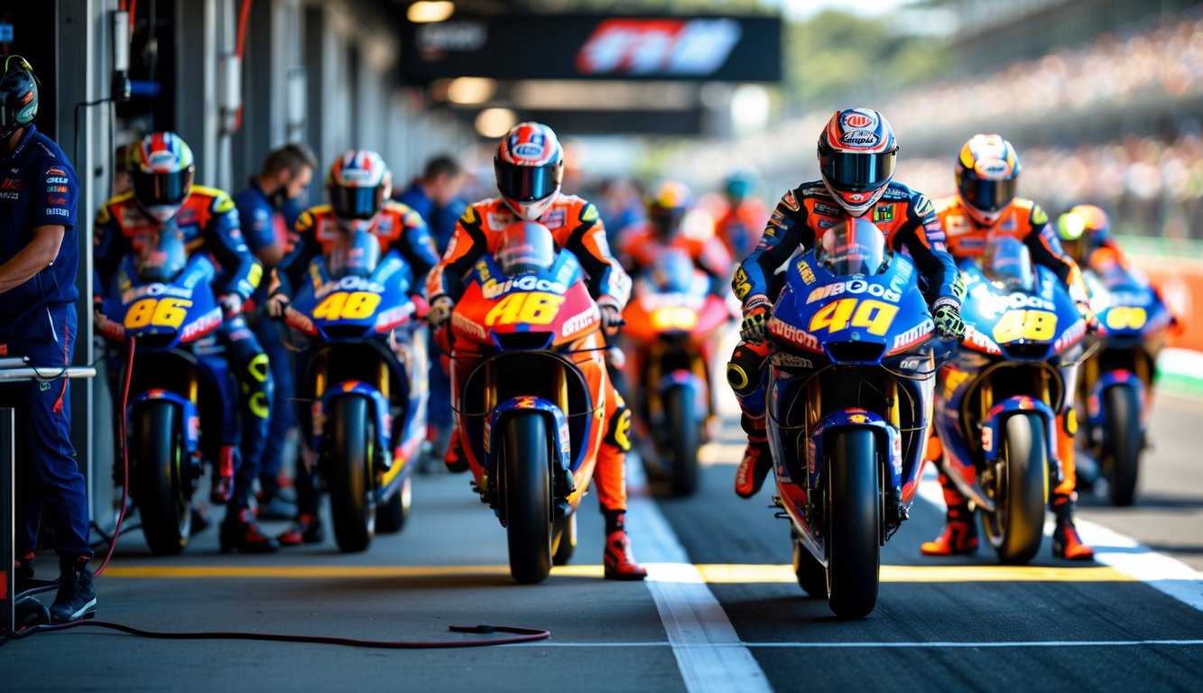 Barisan motor balap MotoGP dengan pembalap dan mekanik yang sedang bersiap di area pit, menunjukkan suasana persiapan balapan.