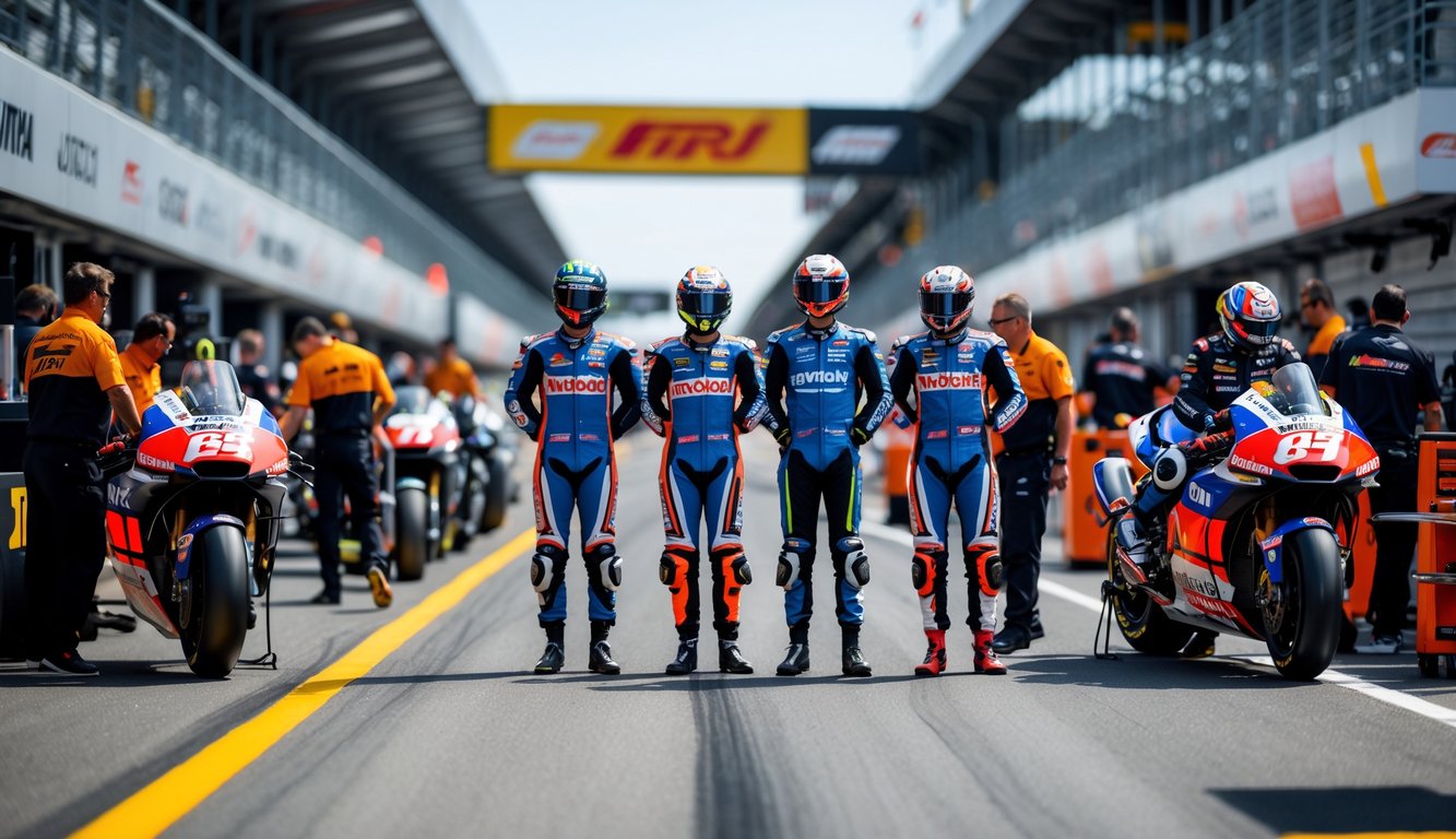 Sekelompok pembalap MotoGP dengan perlengkapan lengkap berdiri di pit lane bersama motor balap mereka dan mekanik yang sedang bekerja.
