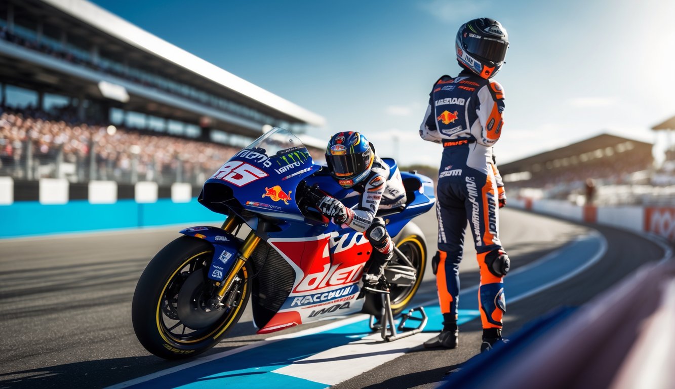 Seorang pembalap MotoGP dengan motor balap berwarna cerah sedang bersiap di lintasan balap dengan penonton di latar belakang.