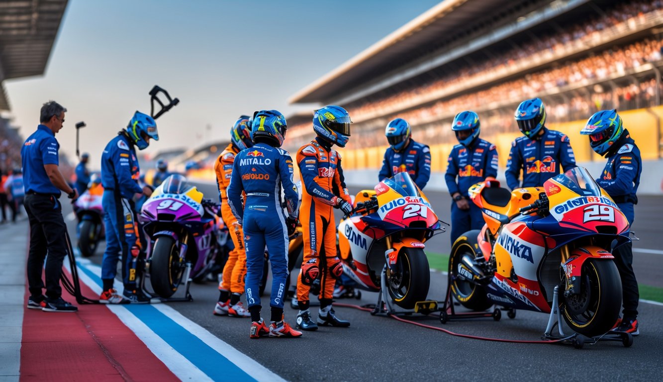 Sekelompok pembalap MotoGP dan mekanik sedang mempersiapkan motor balap di lintasan dengan penonton di latar belakang.