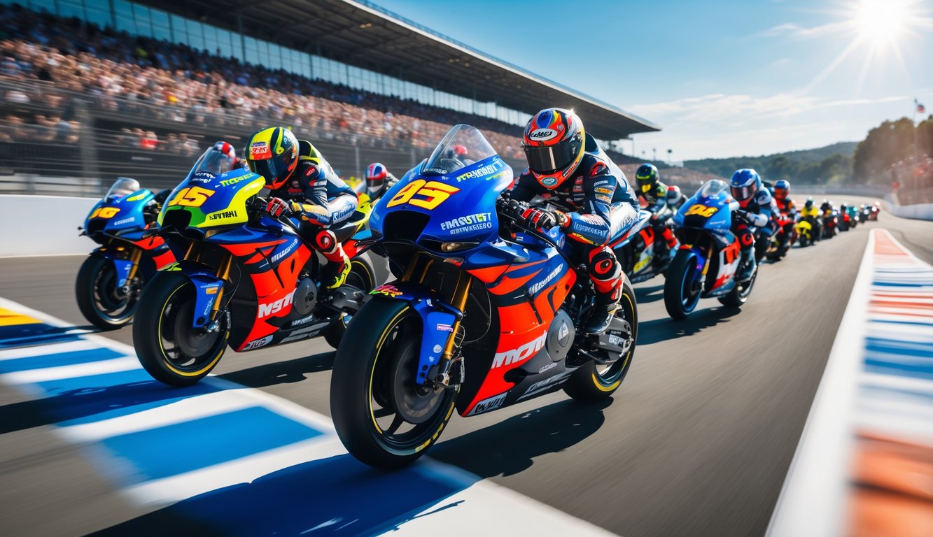 Beberapa motor balap MotoGP sedang melaju cepat di lintasan dengan latar tribun penonton yang penuh.