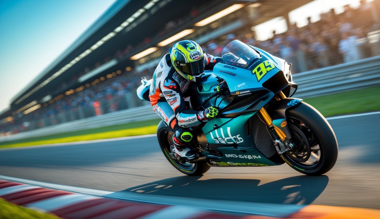 Seorang pembalap MotoGP sedang membelok dengan motor balap canggih di lintasan balap yang modern.