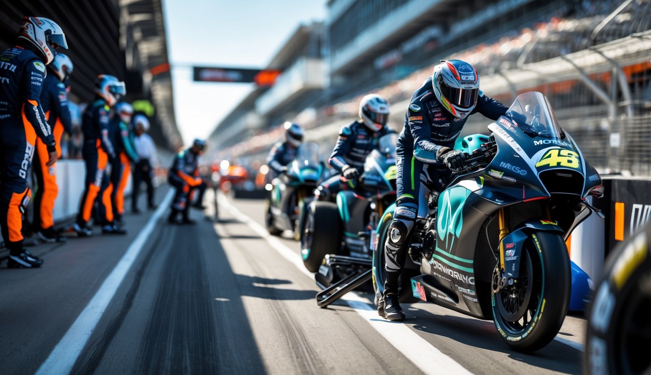 Tim balap MotoGP sedang mempersiapkan motor balap canggih di area pit lane dengan latar belakang lintasan balap.
