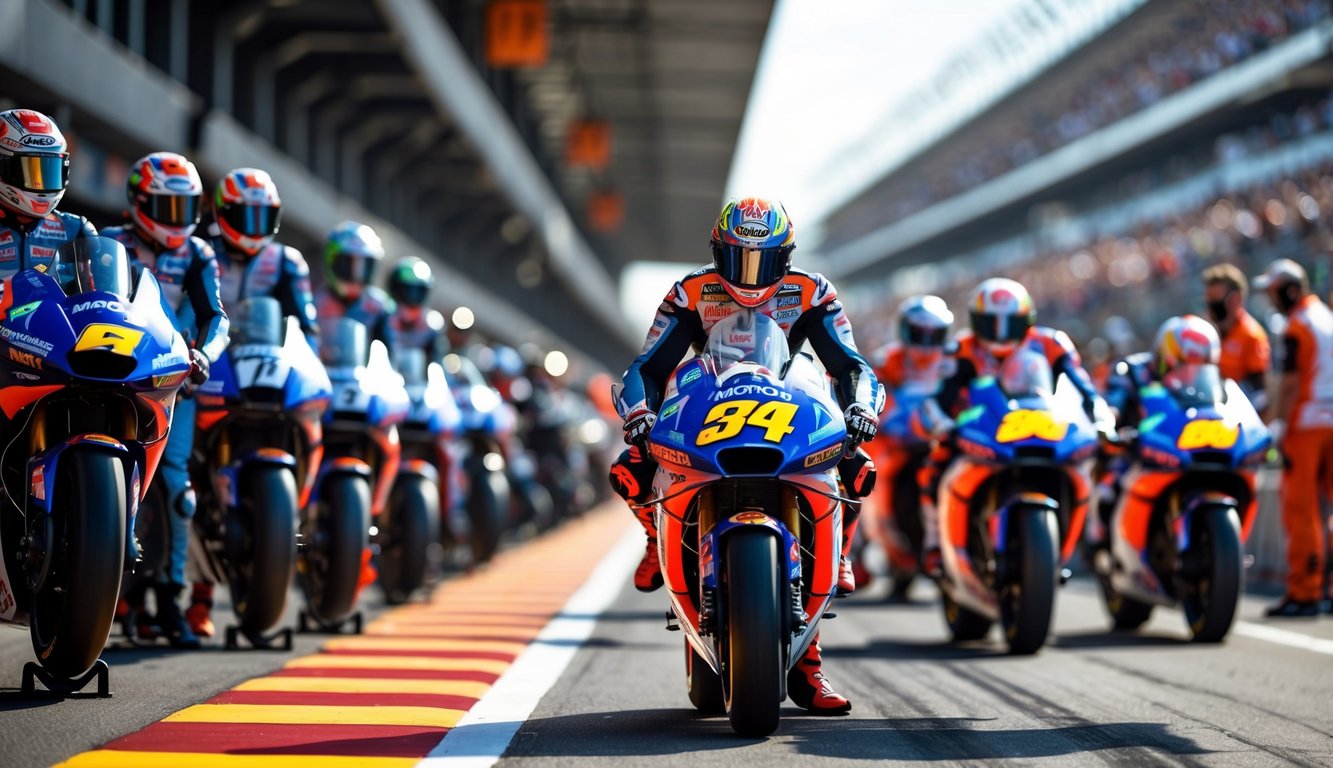 Sekelompok pembalap dan motor MotoGP sedang bersiap di lintasan balap dengan latar tribun penonton ramai.