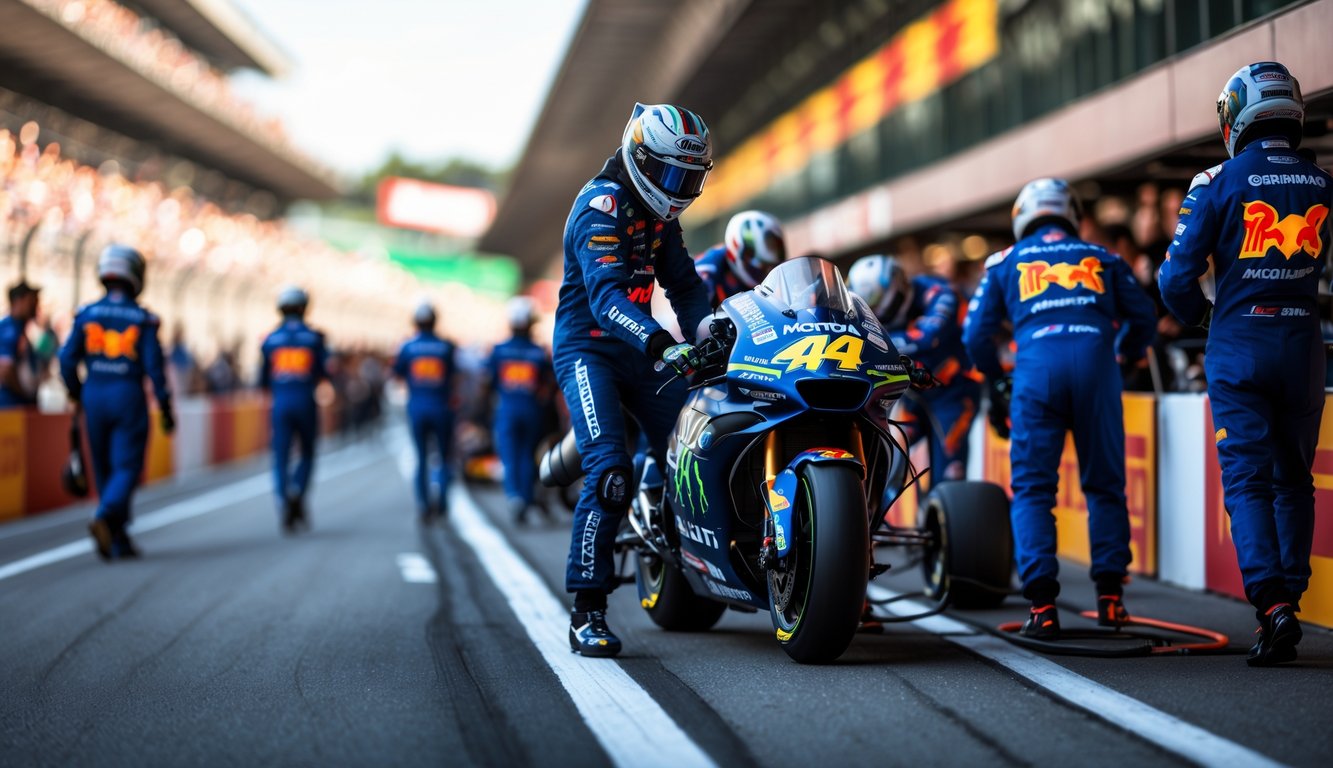 Tim MotoGP sedang mempersiapkan motor balap di pit lane dengan latar belakang tribun penonton dan suasana balapan yang sibuk.