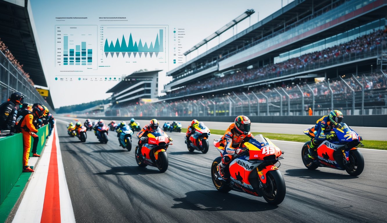 Beberapa pembalap MotoGP sedang melaju kencang di tikungan lintasan balap dengan penonton dan kru pit di latar belakang.