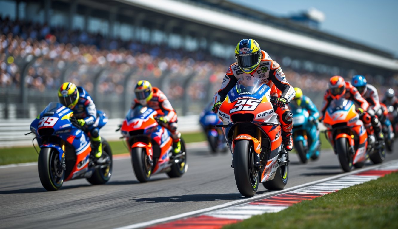 Beberapa pembalap MotoGP sedang berlomba di lintasan balap dengan penonton di latar belakang.