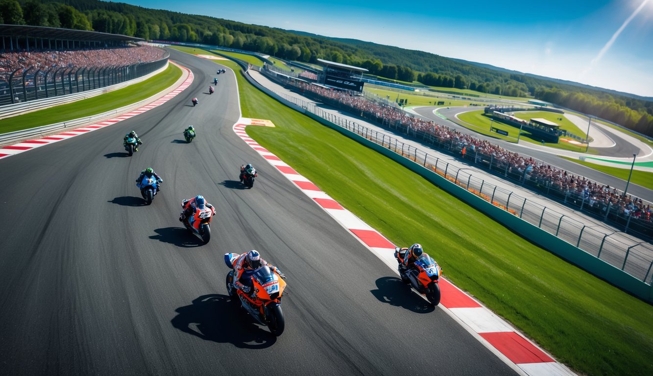 Pemandangan sirkuit MotoGP dengan beberapa motor balap yang melaju kencang di lintasan berkelok dikelilingi oleh penonton dan pemandangan hijau.