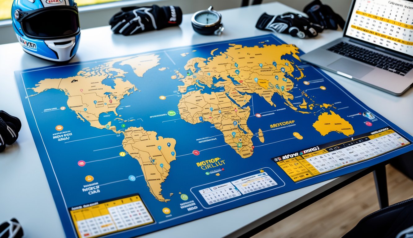 Peta sirkuit MotoGP dengan helm, sarung tangan balap, dan laptop di atas meja.