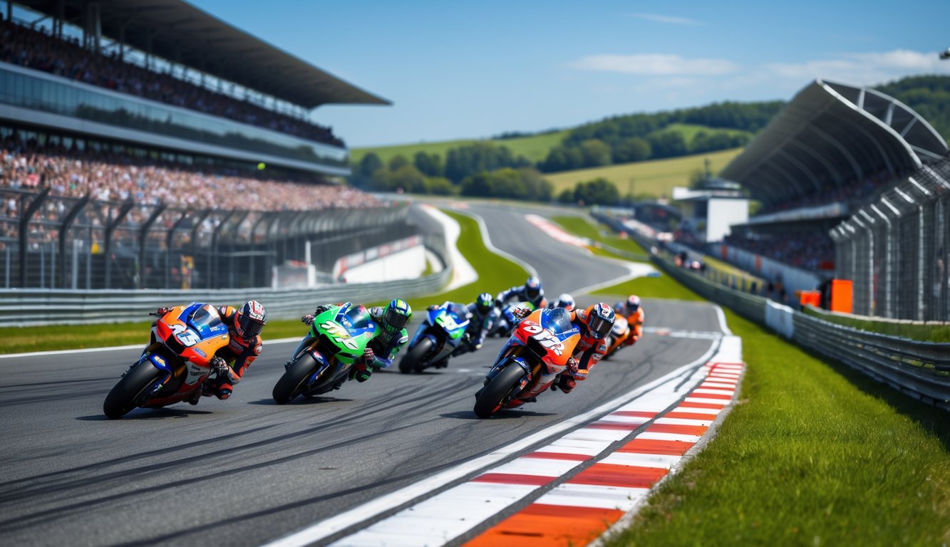 Lomba balap MotoGP dengan motor-motor melaju cepat di sirkuit berkelok dikelilingi penonton.