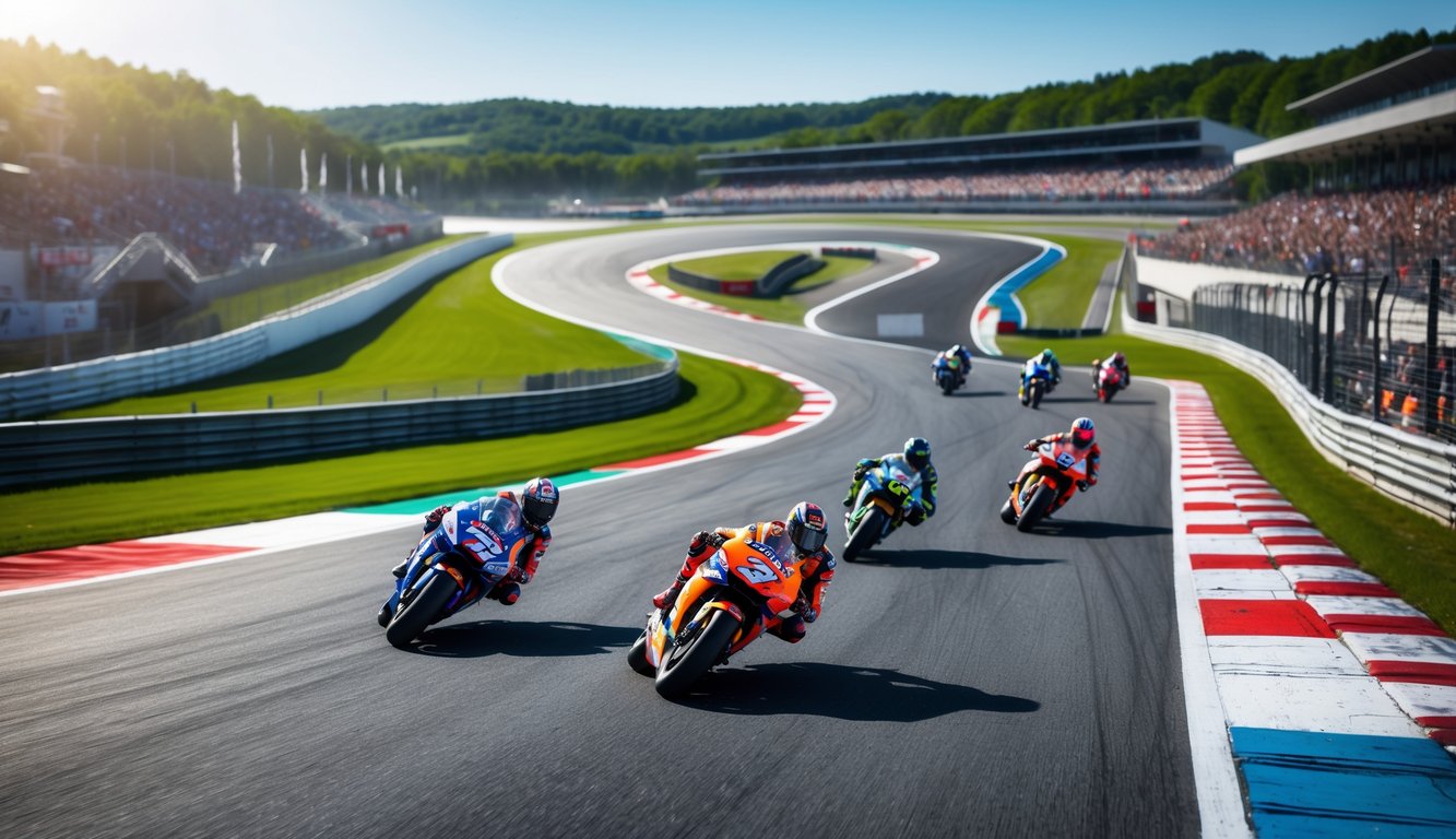 Pemandangan sirkuit MotoGP dengan motor balap melewati tikungan tajam dan penonton di tribun.