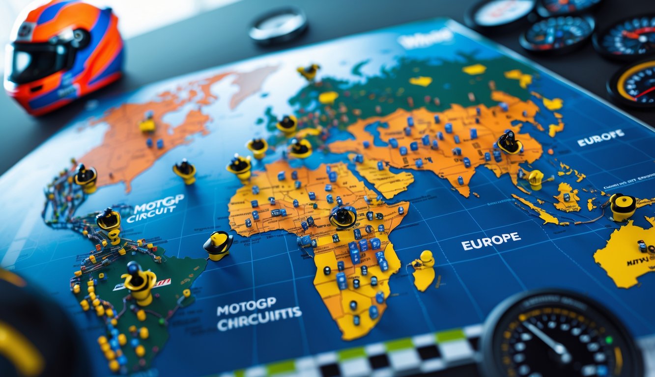 Peta dunia yang menampilkan sirkuit MotoGP di Asia dan Eropa dengan ikon motor balap pada lintasan.