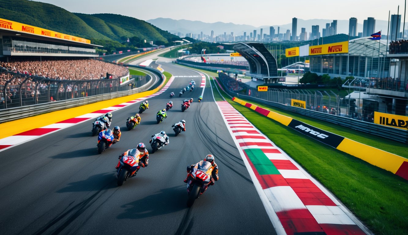 Pemandangan beberapa sirkuit MotoGP terkenal dari Asia hingga Eropa dengan motor balap sedang melaju dan penonton di tribun.