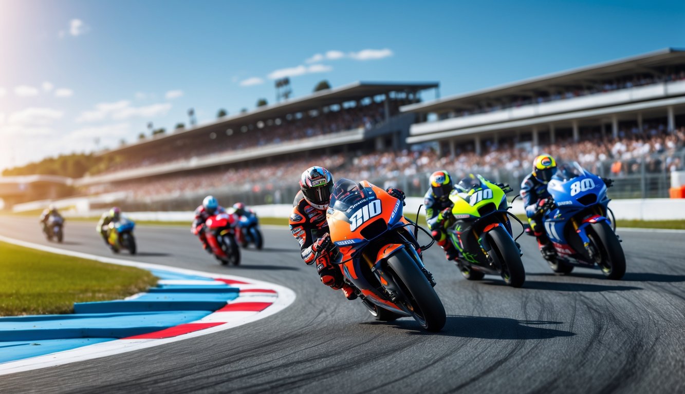 Beberapa motor MotoGP sedang balapan di sirkuit dengan penonton di tribun dan langit cerah.