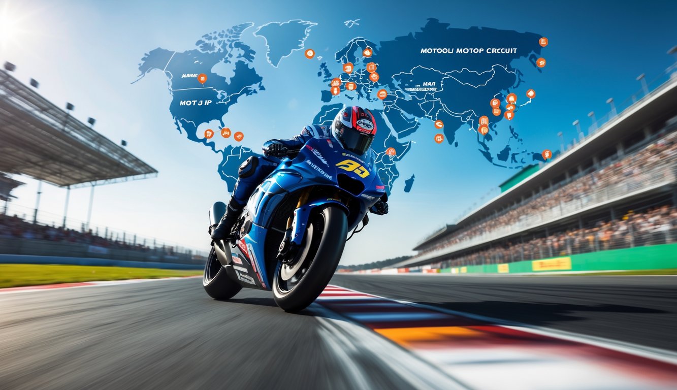 Motor MotoGP sedang melaju cepat di lintasan balap dengan latar belakang peta dunia yang menandai lokasi sirkuit MotoGP.
