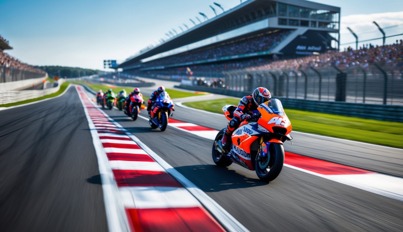 Beberapa pembalap MotoGP sedang melaju kencang di tikungan sirkuit dengan penonton di tribun dan langit cerah.