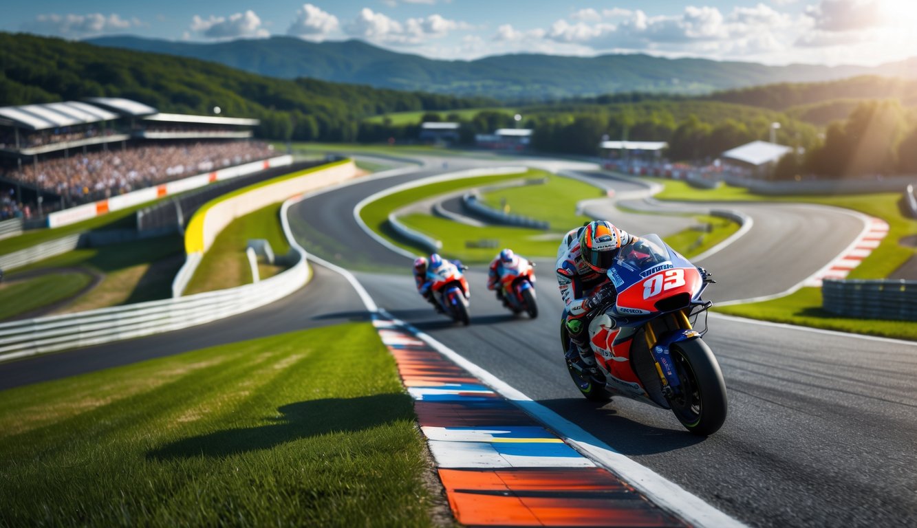 Pemandangan beberapa sirkuit MotoGP dengan motor balap sedang menikung di lintasan, dikelilingi oleh pepohonan dan tribun penonton.