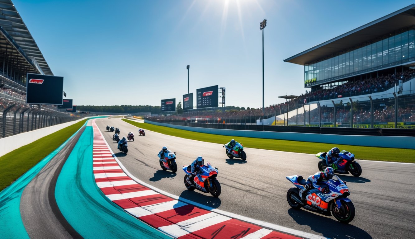 Pemandangan sirkuit MotoGP dengan motor balap sedang melaju dan penonton di tribun.
