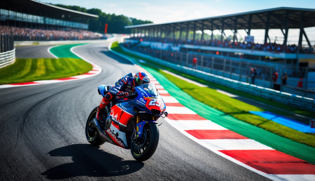 Pemandangan sirkuit MotoGP dengan motor balap sedang melaju di tikungan, tribun penonton, dan langit cerah.
