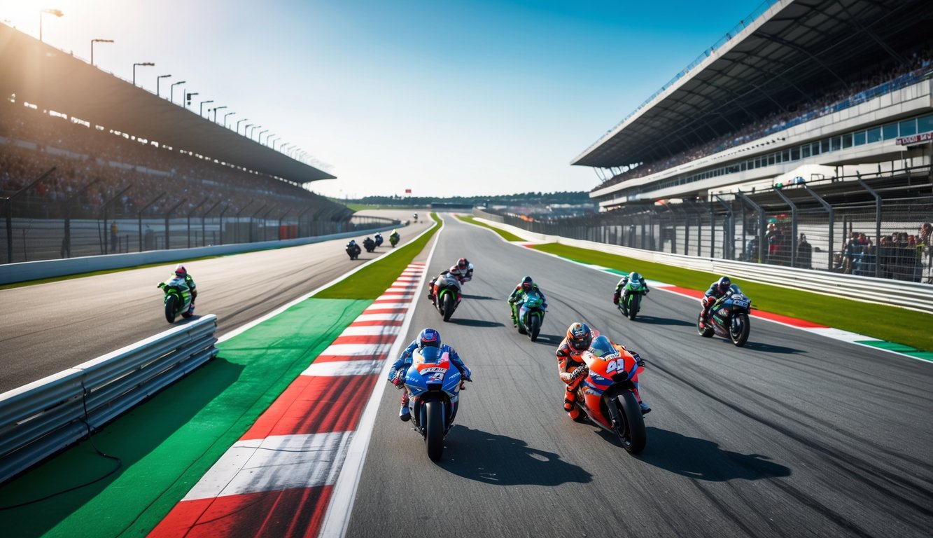 Pemandangan sirkuit MotoGP dengan motor balap yang sedang melaju cepat melewati tikungan tajam di bawah langit cerah.
