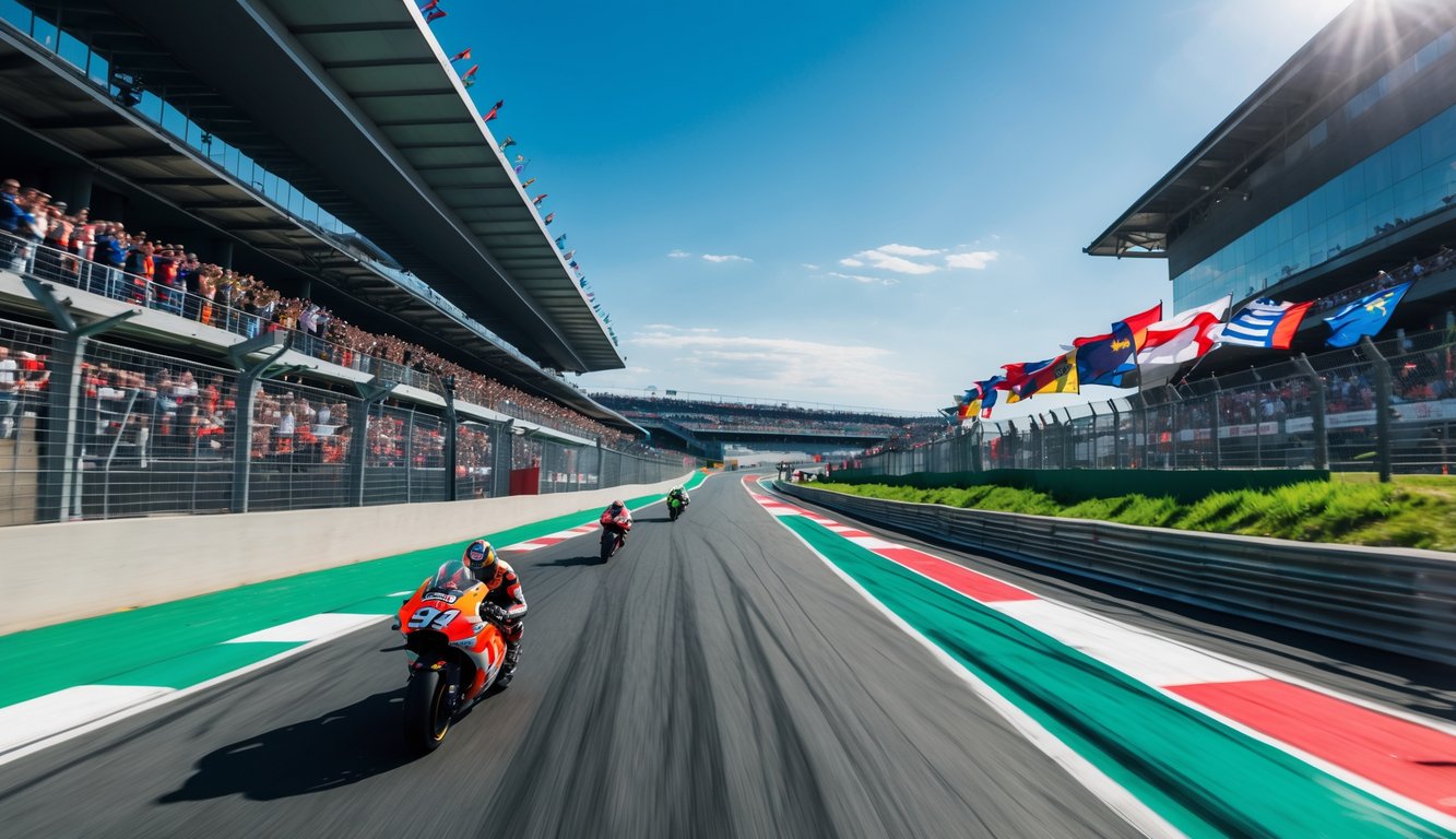 Pemandangan sirkuit MotoGP dengan motor balap melaju di lintasan dan penonton di tribun yang sedang bersorak.