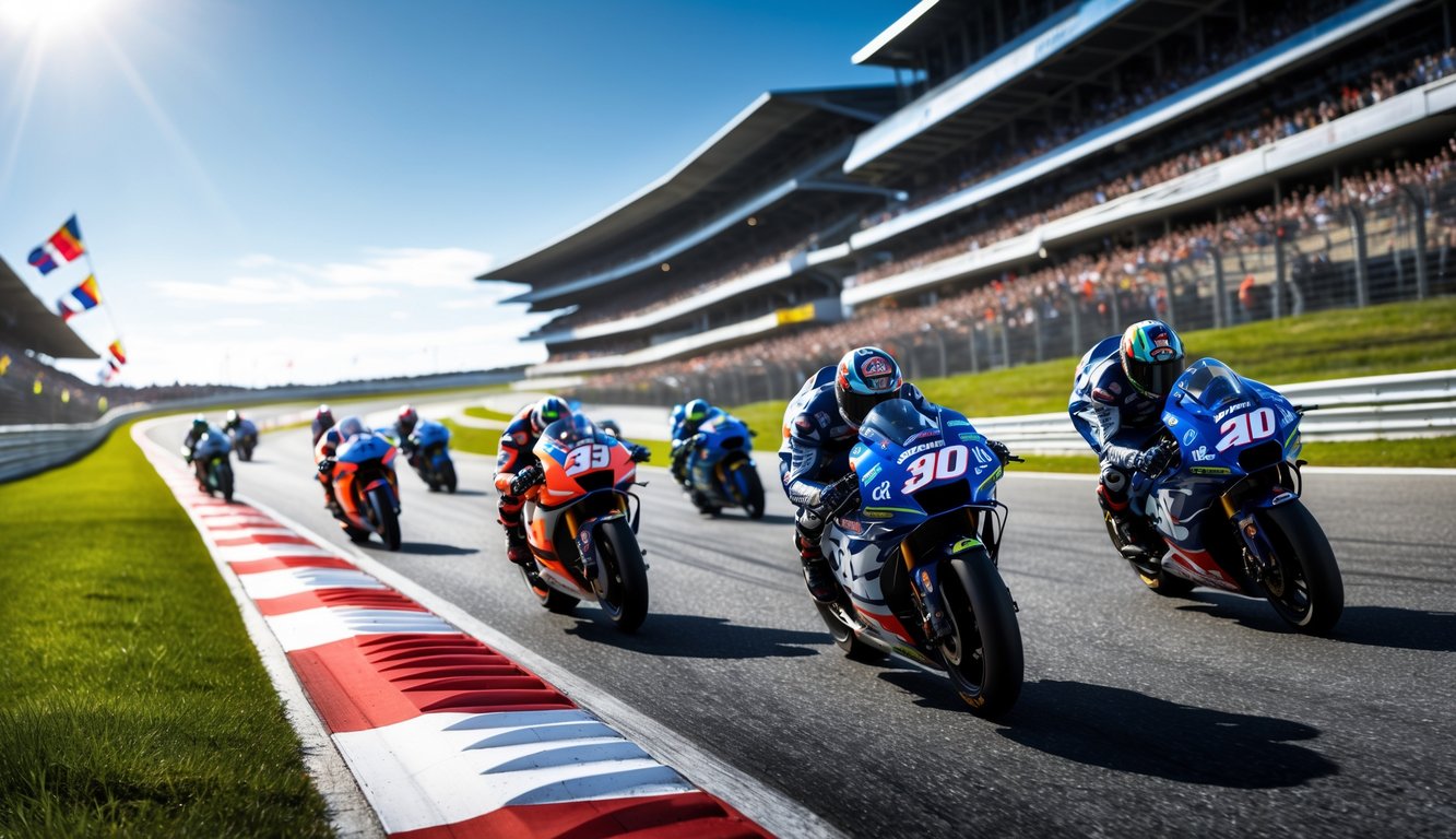 Pemandangan sirkuit MotoGP dengan motor balap sedang melaju di tikungan, dikelilingi penonton dan pepohonan hijau.